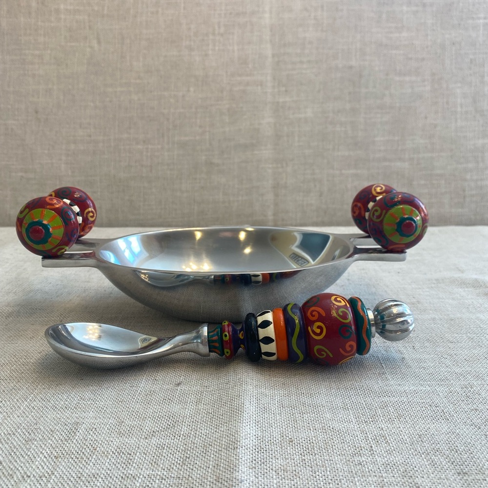 Festive serving bowl and spoon, aluminum salsa bowl with matching spoon.